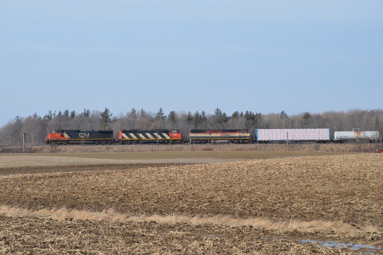 After doing push ups in the cab while waiting for the conductor at CN Snake, CN A435 is on the move through the country side to Brantford for work.