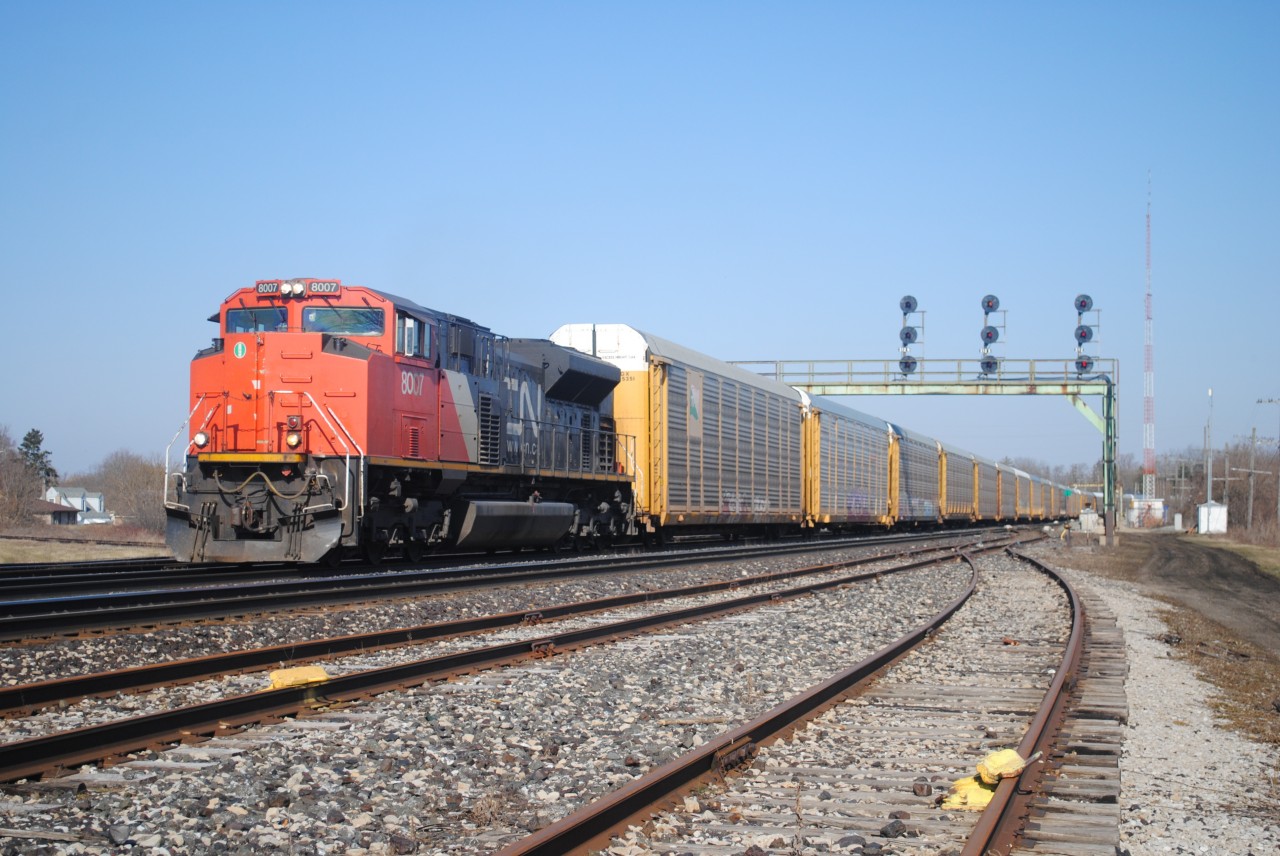 CN X371 is running the CN Dundas sub today with solid autos. X371 runs on the CN Kingston sub, but is running down here due to extra freight in Mac Yard.
