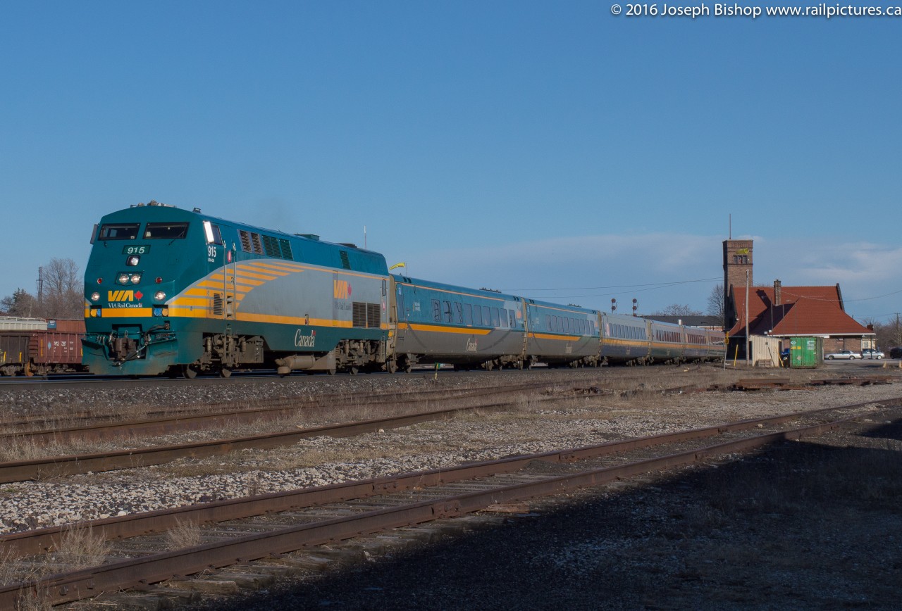 VIA 83 accelerates out of Brantford with P42 915 on the point.  The sun came out nicely after a day of rain and some thunder storms had cleared the area.