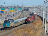 <b>VIA scooping CP power, on CN tracks.</b> VIA 65 is scooping CN 529 which has three CP units for power (CP 8731, CP 8924 & CP 9700) on CN's Montreal sub. For the last month or so, CP power has been the most common power on this run-through train, which usually has NS power.