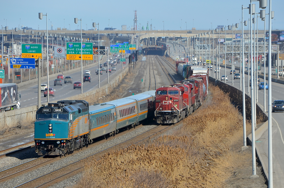 VIA scooping CP power, on CN tracks. VIA 65 is scooping CN 529 which has three CP units for power (CP 8731, CP 8924 & CP 9700) on CN's Montreal sub. For the last month or so, CP power has been the most common power on this run-through train, which usually has NS power.