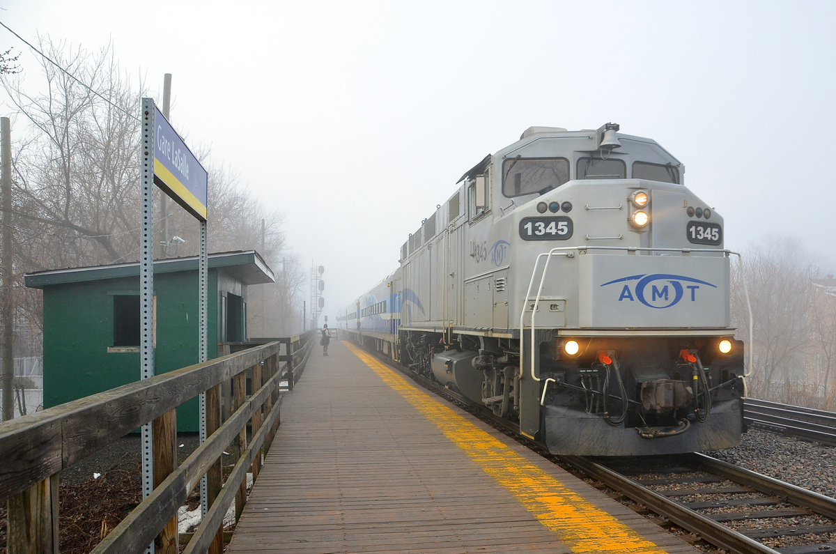 Arriving in thick fog. AMT 1345 has just arrived at Lasalle station with AMT 72 from Candiac in the thick fog.