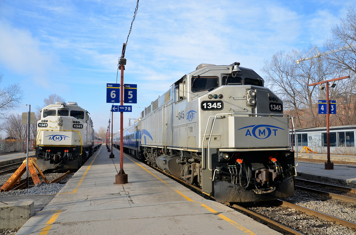 White and grey F59PH's. AMT's ex-GO Transit F59PH's sport a number of paint schemes and here two variations are visible at the end of the morning rush hour in downtown Montreal. AMT 1341 at left is in white paint, while AMT 1345 at right is in grey paint. AMT 1345 has just arrived with AMT 72 from Candiac.