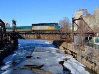 VIA 6432 leads VIA 37 for Fallowfield over the Lachine canal.