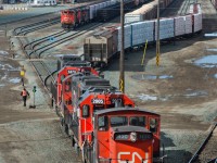 A nice looking set of yard power (1420,WC2002,7047,5473) pull's down the lead at the east end of CN's "North Yard". 