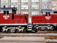 I'm not into artsy-fartsy type photos, but sometimes when out and about an opportunity presents itself for something a little different, and I give in...  While waiting at Kitchener VIA for #432 to happen by, I looked at these two locomotives and I thought.."Its mating season", even though it is only late February. Just the way they lined up was different........... the 901 and the 700 now both off the roster. The 901 has been scrapped; I remember a long time back it was set off on an industrial siding somewhere near Seaforth and I never saw it run again. The 700, according to CTG, went to Cape Breton.