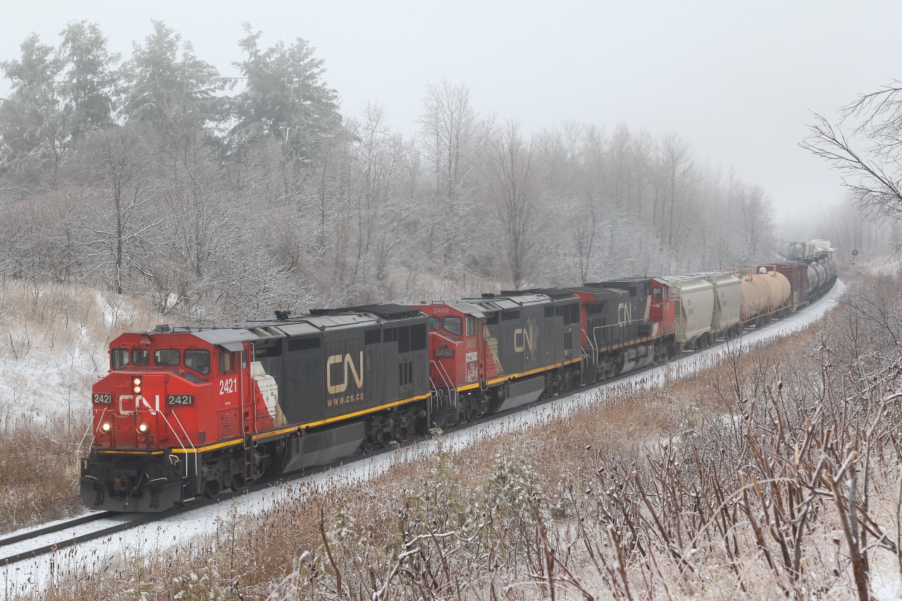 A CN eastbound makes its way through the freezing rain covered landscape north of Milton. The lead Dash-8 has been repainted and is now equipped with DPU.