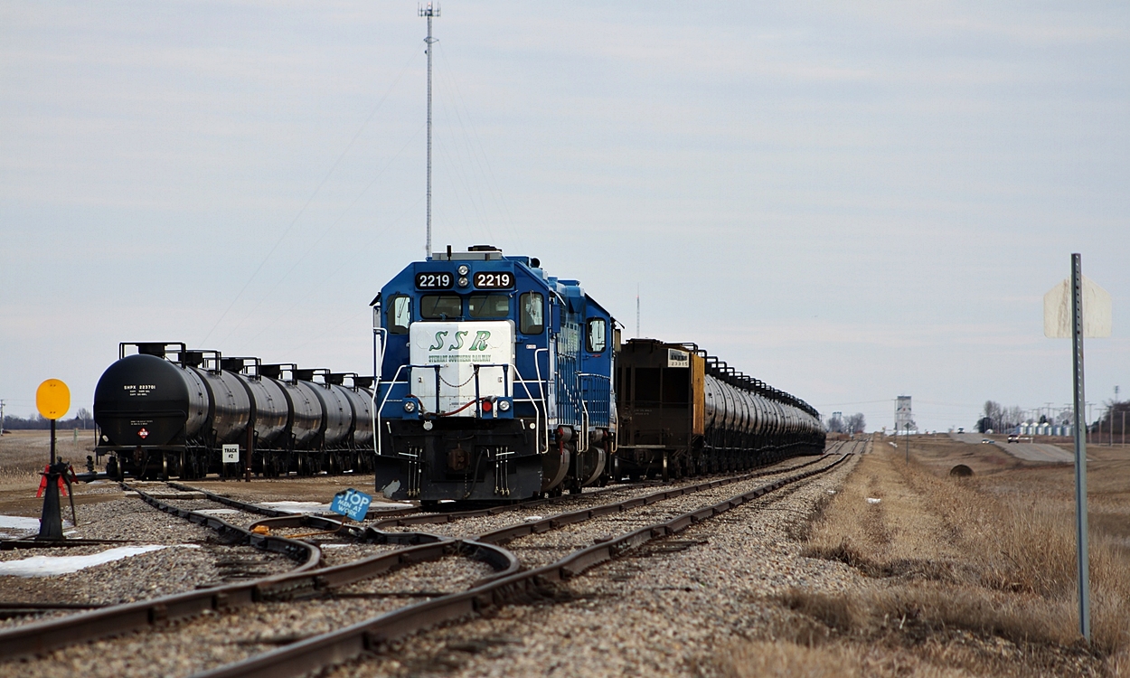 SSR GP38-2's sit parked at the Crescent Point oil facility west of Stoughton Sk.