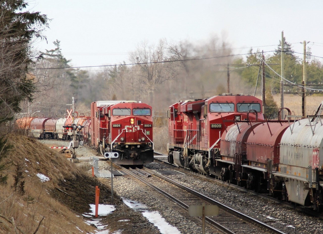 After coming up from Hamilton, East bound CP 246 lead by CP 8804 with CP 8859 meets westbound CP 247 lead by CP 8850 with CP 8609 at Canyon Rd and MM37 on the Galt sub.