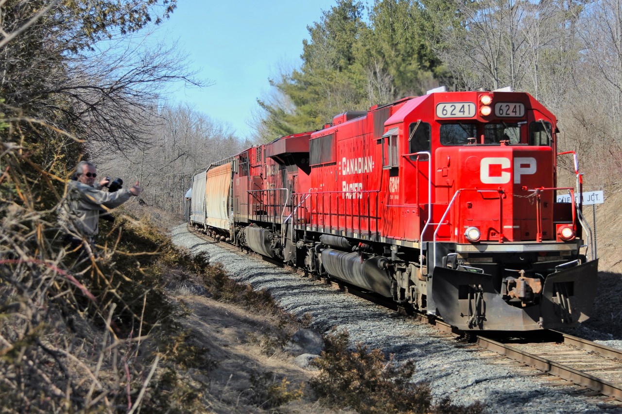 On what turned out to be a very good day with friends, here we find former SOO now CP 6241 (GMD SD60) leading CP 8720 south down the Hamilton sub as it exits Guelph Junction. My good friend Mr. A. Mooney gives a thumbs up from his shooting spot in the scrub as they accelerate by us.