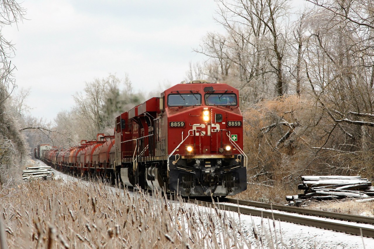 With the trees and weeds still holding on to the snow and ice from last night, daily runner CP 246 works its way down the Hamilton sub led by CP 8859 and CP 8804 up to the Flamboro detector and MM 71.2.