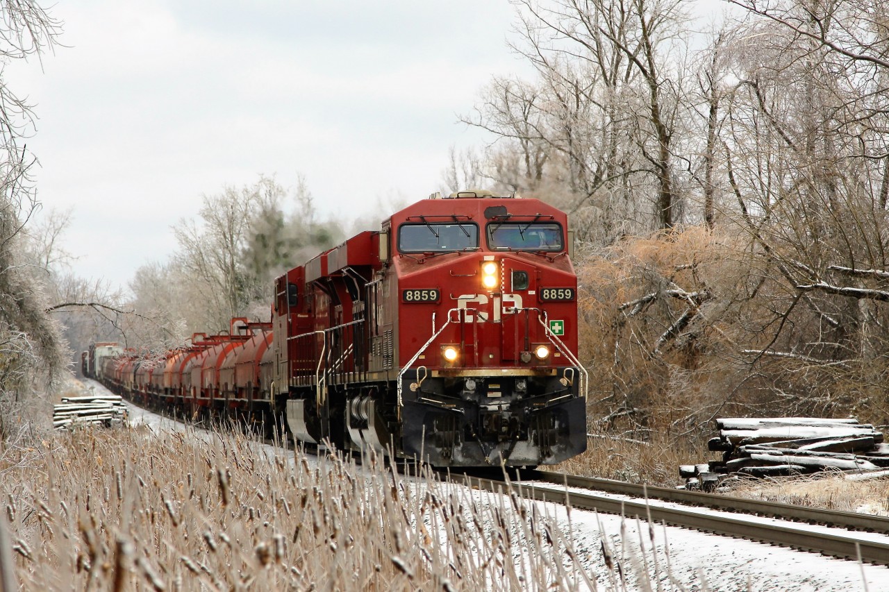 With the trees and weeds still holding on to the snow and ice from last night, daily runner CP 246 works its way down the Hamilton sub led by CP 8859 and CP 8804 up to the Flamboro detector and MM 71.2.
