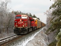 With yesterdays snow and ice still hanging on the trees, CP 147 is led by CP 8893 with former SOO, CP 6259 through Puslinch approaching the 20th side road and MM 49.3 on the Galt sub. 