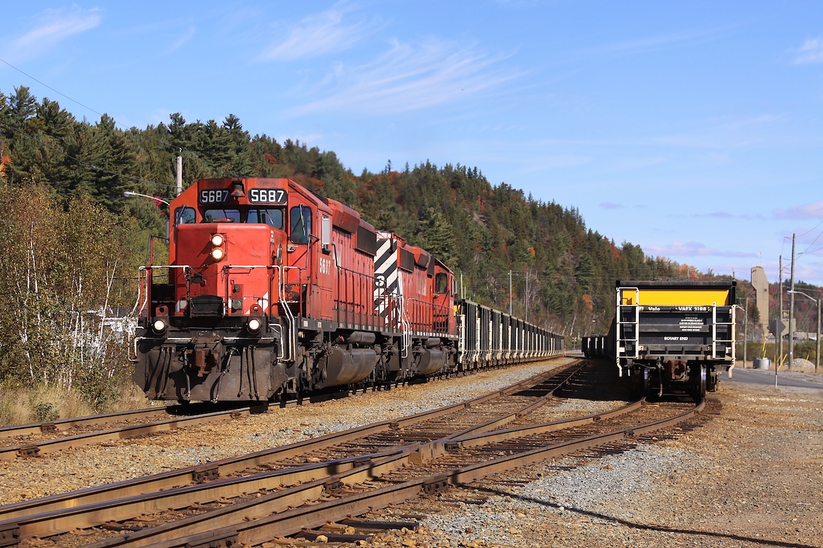 CP 5687 leads a cut of gondolas filled with nickel ore from the Coleman Mine.