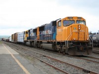 Train no. 214 (Englehart to North Bay) awaits the arrival of northbound 113 (North Bay to Englehart) at Englehart yard before heading south.