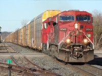 CP train no. 147 (solid autorack service) finishes up a 4-train parade of late afternoon westbounds on the Galt subdivision, following T69, 255, and 647.