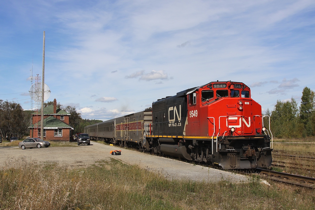 The Tour of the Line train was running late on this day (shock and horror) so while I waited I talked with the station attendant.  A very nice lady, she had worked out of Hawk Junction since the Algoma Central days.  She missed working for the ACR (and also the Wisconsin Central) and the job had a different feel with since CN purchased the line.  After about an hour the train finally arrived and I took a picture as it departed south.  I often wonder what happened to the station lady after the train was discontinued.  Too bad that the government helped axed this passenger service, the economic benefit to the northern communities served (estimated in the tens of millions of dollars each year) was a good return on their 2.2 million dollar annual subsidy.