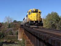 The Northlander passenger train passes over the Ottawa Valley Railway's North Bay Sub following its station stop in North Bay.