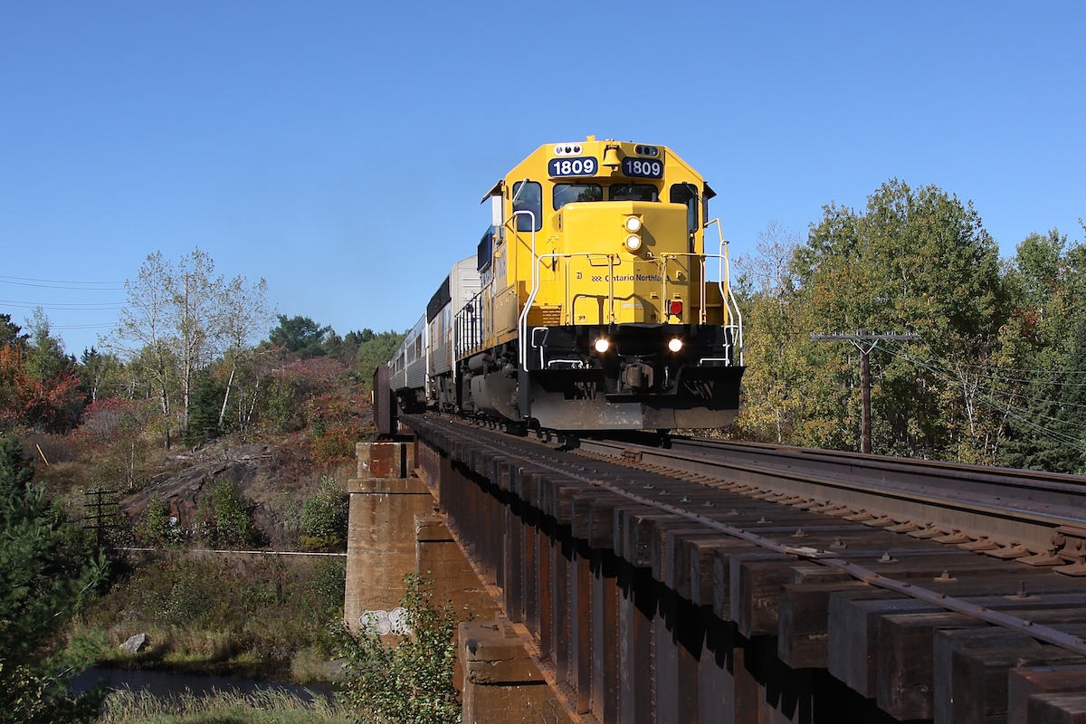 The Northlander passenger train passes over the Ottawa Valley Railway's North Bay Sub following its station stop in North Bay.