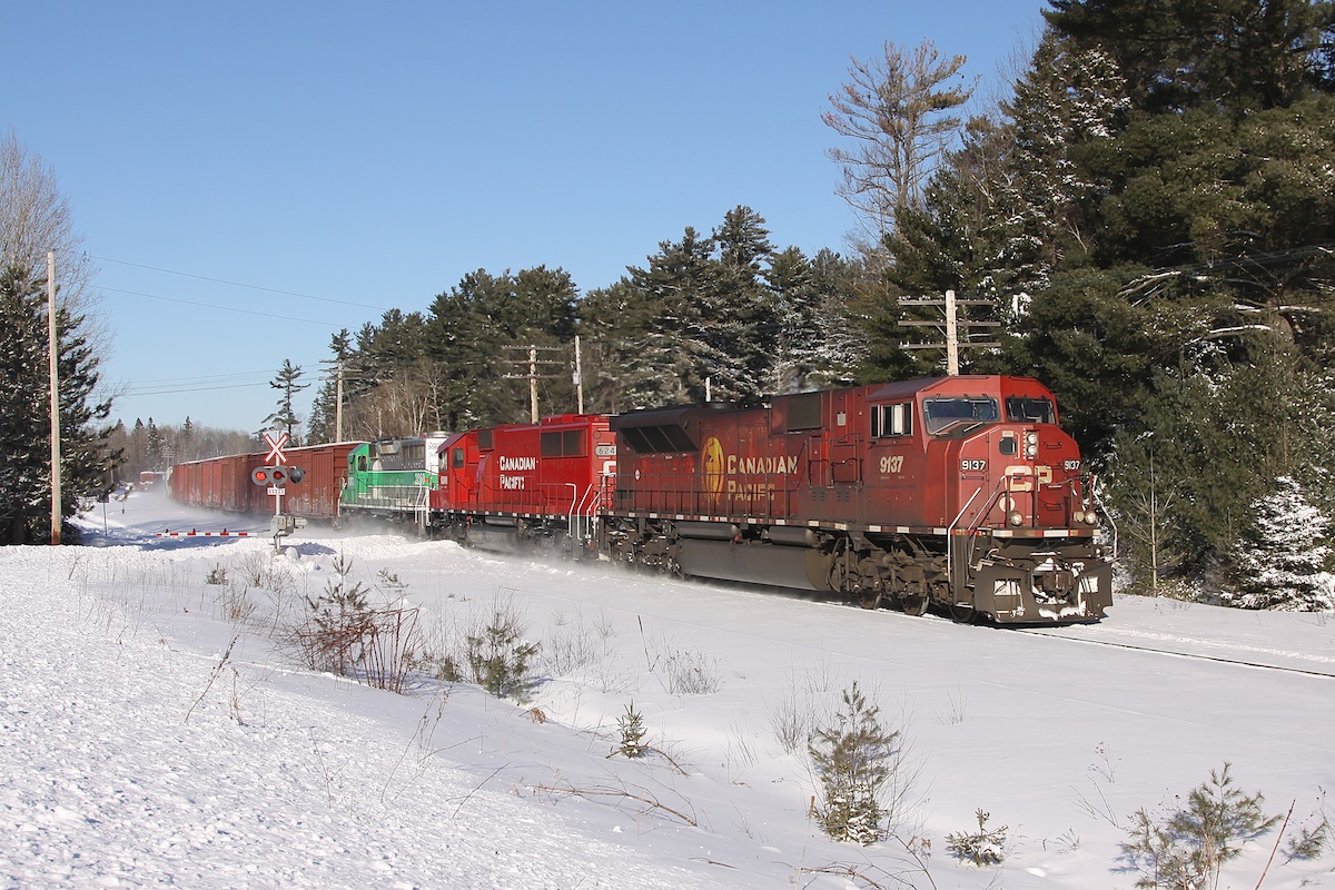 9137, 6241 (ex-SOO 6041) and CITX 3060 cross Kirkham Rd as they make their way south on the directional running zone portion of CN's Bala Subdivision.