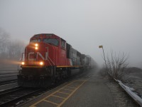Very thick morning fog is showing no signs of dissapearing as 231 rolls into Woodstock on the south track. 
