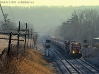 Appearing out of the fog, glowing yellow with the rays of a morning sun, CP 246 roars upgrade toward Guelph Junction. While the engines may get a bit of a reprieve once they reach the Hamilton sub, the use of dynamics for the Waterdown hill and one more upgrade assault of the escarpment through Stoney Creek to Vinemount are yet to come. Not a problem for this DC-AC combo, a favourite of the CP power planning department, SD60's are a regular thing on trains to and from Buffalo and a nice break from the usual GE monotony.

