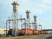 A view from the east end of car repair tracks of Agincourt's service facility showcasing 4 SD40-2's.