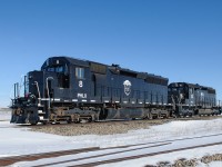 PHLX SD40-2s 8 (in an SD45 body) and 13 rest outside of the large elevator at Oban, SK, 8.6 miles west of Biggar on CN's busy Wainwright Sub. #8 is originally an SP unit and #13 originally a CN unit, which would've passed by this location many many times.