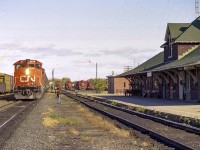 Looking east in the CN yard, with the now preserved station off to the right; we see CN 5579 and 9419 getting ready to depart westward. The 5579 later became 4779, before being retired in 2004.