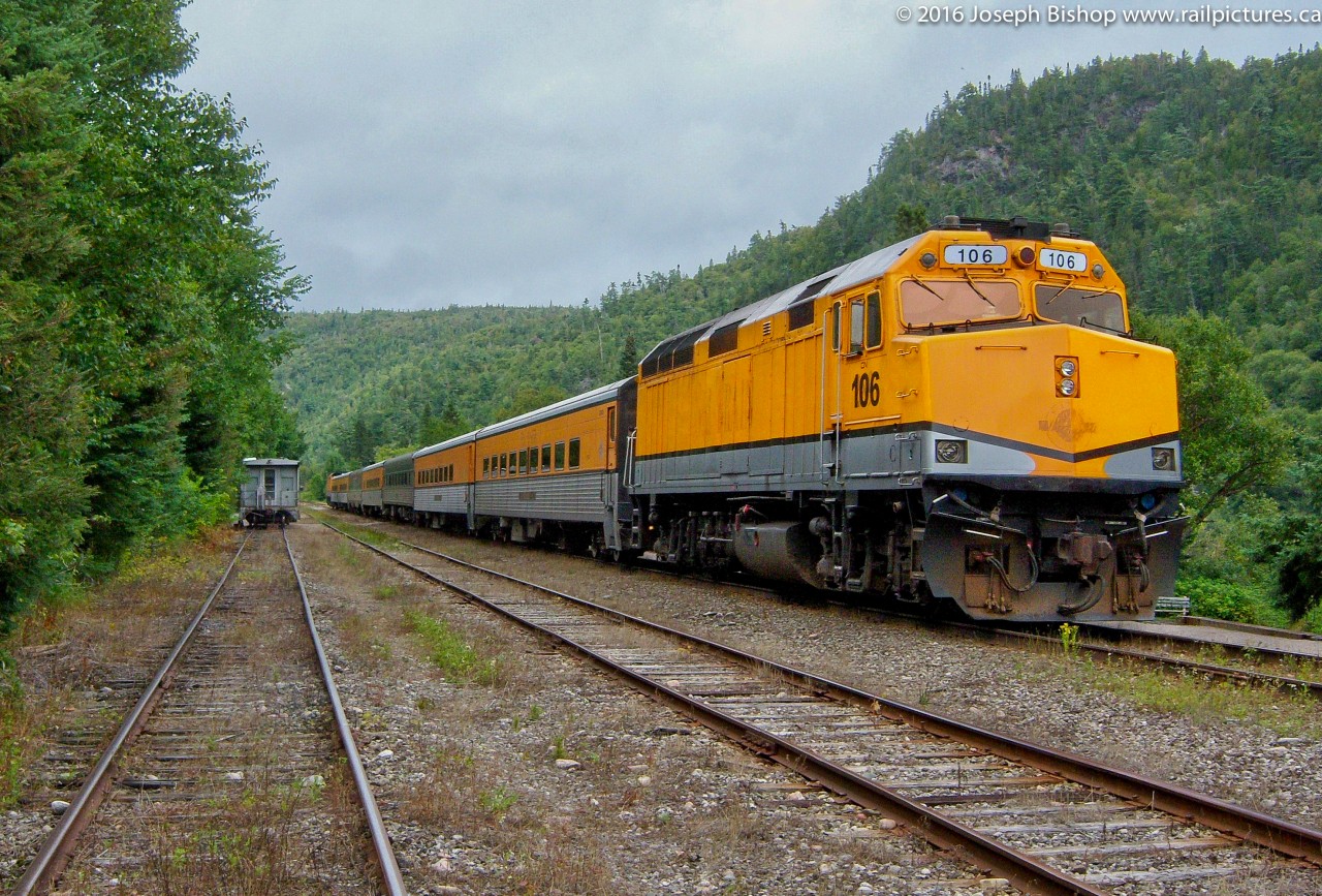 In late 2009 CN acquired three ex Denver Ski Train EMD F40PH's for use on the Agawa Canyon Tour Train and the passenger train that used to run on the line.  CN numbered these units 104, 105 and 106.  They arrived wearing the yellow paint of their previous owner with the old decals scraped off.  They would run around in this paint for a couple years before being sent to receive their current Algoma Central inspired maroon paint.   Pictured is CN 106 on the point of the Canyon Tour Train ready to depart for Sault Ste Marie with CN 105 shoving on the rear.  CN 105 has recently been stretching its legs on CN O998 the TEST train, as shot by many RP.ca contributors this past weekend.   With the tour train returning this year to run June to October, at least two of the F40's will be getting work...hard to tell what will happen in the future.