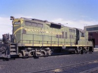 As I have mentioned before, I am not much for shooting roster photos; but seeing this was far too good to pass up. By 1976 there were very few green/yellow CN paint locos around; having the scheme being phased out many years before, and this one is sitting clear in the open under perfect lighting. A gift!!!  Even though it is coming up to 40 years since I shot this image, it remains one of my all-time favourite catches. Digital processing of a miserable old Woolco negative made this image presentable. Shot with a tempermental mechanical piece of junk called a Miranda camera (35MM) on a trip westward, it was one of the few images I managed to save from a terribly disappointing trip, photography-wise.................CN 4500 became 7260, GP9RM, under a rebuild program, but was retired in 2013.