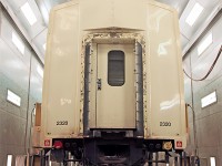 This is the Ontario Northland North Bay Shops "grunge booth", located next to the paint booth. In here car bodies are jacked up and the trucks rolled out of the way so that the cars can be thoroughly cleaned, stripped and prepped for painting. Car refurbishing is a big part of business at the North Bay Shops, and they have a reputation for sending out a product that is noticably superior to "factory fresh"!