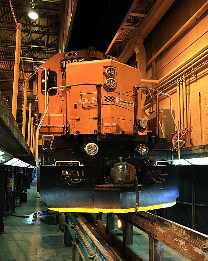 Ontario Northland GP 38-2 1809 undergoing routine maintenance in the ON North Bay Shops.