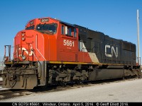 It's 9:00 a.m. on April 5th, 2016 and CN SD75i #5661 sits idling away at CN's Van de Water yard in Windsor, Ontario.  This unit will be the lone power on train #438 when it departs tonight at about 6:00pm and runs to London and back basically under the cover of darkness.