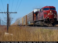 CP 9704 is the lone gun on 242 for April 15, 2016.  Weather was excellent again today, but not a lot of trains so I figured it would be easier to just shoot from my backyard..... Yes, this is in my backyard.  I just hopped my fence and walk down to trackside...  Soon this will be so weeded over that there won't be a shot available again until the Fall, but for now, the convenience makes it worth while.