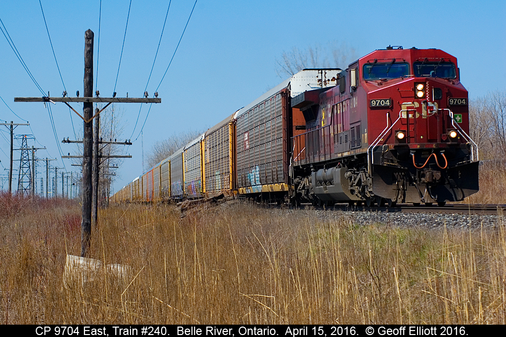 CP 9704 is the lone gun on 242 for April 15, 2016.  Weather was excellent again today, but not a lot of trains so I figured it would be easier to just shoot from my backyard..... Yes, this is in my backyard.  I just hopped my fence and walk down to trackside...  Soon this will be so weeded over that there won't be a shot available again until the Fall, but for now, the convenience makes it worth while.