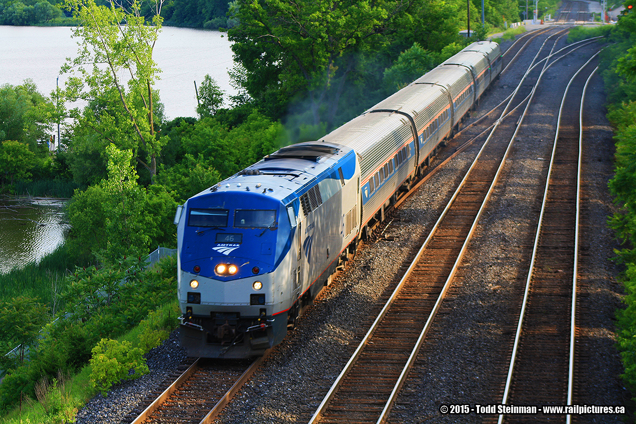 On a warm summer's evening that otherwise only featured a plethora of GO trains, Amtrak 46 leads "The Maple Leaf" through Bayview Junction.