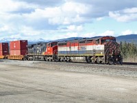 Two ec BC Rail locos wait at Hinton with an eastbound intermodal.