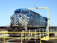 CEFX leasing "Bluebird" AC4400 goes for a ride on the electrically powered turntable at Agincourt Yard. The table was originally steam powered. 