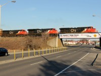 I found this banner draped over the CN overpass over Highway 25 in Milton interesting. After just missing CN 399 the previous day, I had a shot in mind. So, here it is... CN 399 with CN 2849-CN 3005-CN 2828 all elephant-style coasting westbound on the Halton Sub. For westbounds on this section of the Halton Sub, CN Millbase is one of your best choices for being well-lit. On the way home, I had to take advantage of our first real nice days of the year for sun and temps. Time, 18:40.