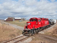 <b>Back again for a second time</b>  CP 2261 heads north along the former Canadian Pacific Owen Sound Sub at Mile 17 with a short freight in tow. With CCGX 4009, OBRY's lone GP9 down with a prime mover failure, the CPR lent the Cando operation a GP20C-ECO for the time being while another former CN GP9 from Winnipeg takes over. 