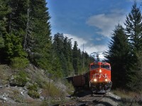 CN 2954 leads CN L570 with 59 loaded cars at Alpha Lake after a meet with northbound counterpart 571 at Mons. Behind the power is a mixed manifest of lumber, woodchips and a sole empty tank that will be refilled with sodium hydroxide in North Vancouver.