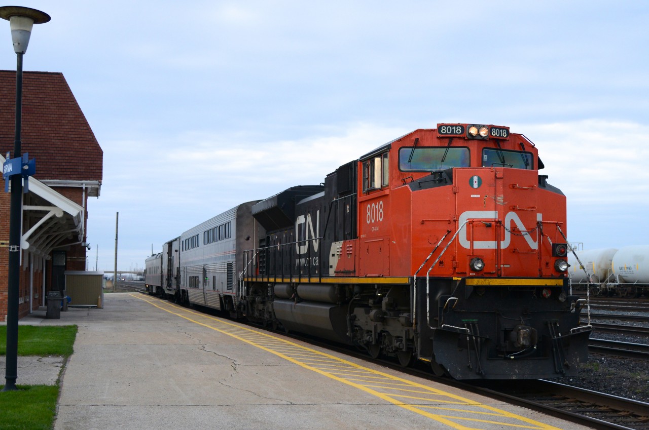 CN 8018 leading the CN Test Track Evaluation System train makes a stop in Sarnia.