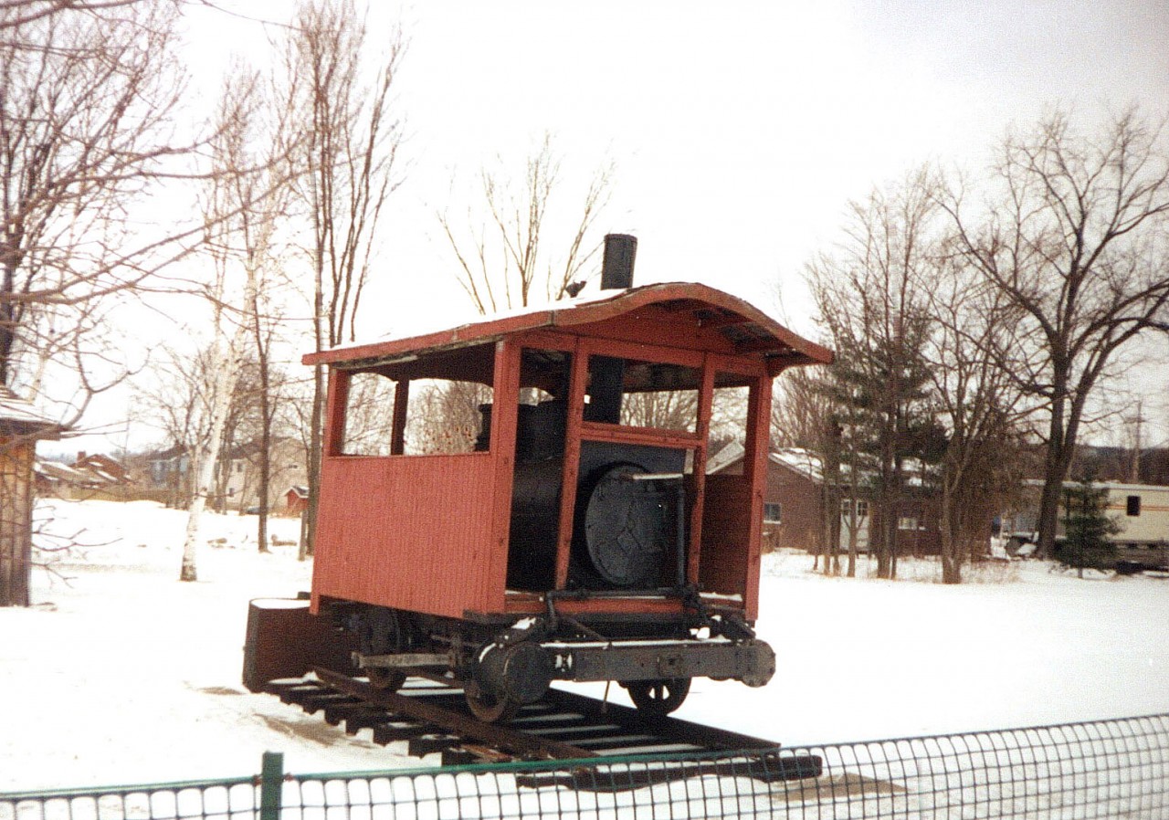 This 0-4-0 was built as a steam dummy by Baldwin in 1879 for the Hamilton & Dundas Street Railway. It ended up working for the Beck lumber Co. in Penetanguishine. It was later cosmetically restored without the body and an enclosure was built around it.