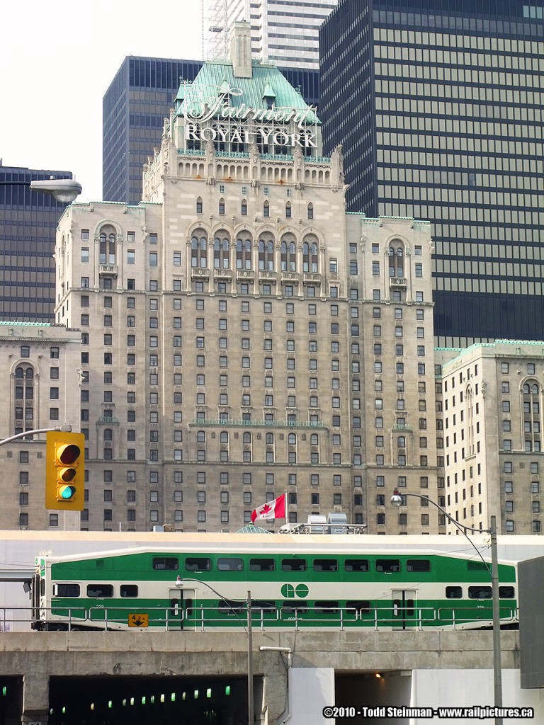 TIME MACHINE MATERIAL???  While on a day trip to Toronto in 2010, I captured the ever changing skyline in downtown Toronto. What brought this memory about was seeing Dave Beach's photo from 1978 of the Canadian parked at Union Station, with the Royal York hotel as a backdrop.

I am hoping this will be considered for the Time Machine contest - as this was a difficult photo to have taken. I never knew about Dave's photo until only recently. And the changes are obvious.

My angle of the Royal York is different than what Dave captured back in 1978. That's because much has been built up on the former yards of the CP...as urban sprawl now seems to rule the lands (hence why there is a streetlight and a traffic signal in my photo). Roundhouse Park is a tribute to the former days of Toronto railroading, and well worth a visit. Thankfully Dave captured an era coming to an end...CP and CN handed over passenger services to VIA...and GO was created almost around the same time as VIA. And from Dave's photo to mine, much has changed on the Royal York. It is no longer 'railway owned', although still the premier hotel of Toronto's downtown core.

You can see Dave Beach's photo here  http://www.railpictures.ca/?attachment_id=20439
