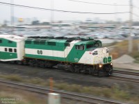 <b><i>Bringin' it Back on Home</i></b>.
<br><br>
After dumping the last load of #281's afternoon commuters at downtown Brampton, GO Transit F59PH 530 is done her day's work on "The Bramalea Flip", and motors through Bramalea GO station express-style with equipment move #864 deadheading back to downtown Toronto.
<br><br>
The photographer had popped off the train at Bramalea (one stop before the end of #281's run) and decided to stick around and hike up the overpass for a returning shot. The train is about to duck under Bramalea Road on the south track of the Halton Sub, and enter the Weston Sub at Halwest.