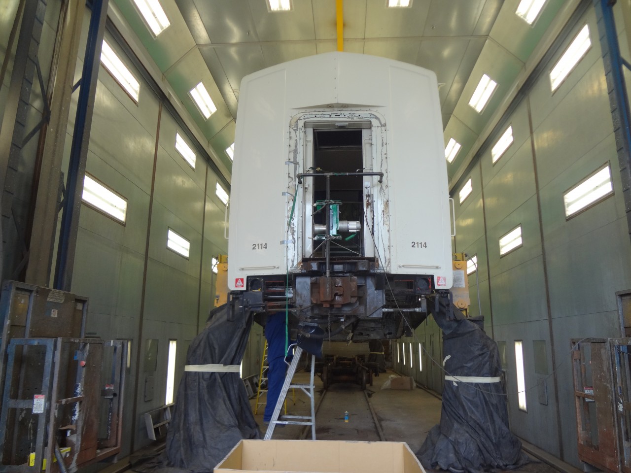 Three and a half years after Wayne Shaw's March 2011 visit to the ONR shops, they were still actively rebuilding bi-level cars for Metrolinx/GO Transit. GOT 2114 is in the prep and paint building for some work during the rebuild process.
