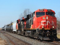 Eastbound mixed freight powers through Ingersoll led by  2856 and sister 2846.