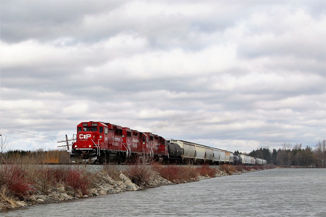 Here we find the daily CP pick up, having just completed its switching at Guelph Junction, returning westbound over the Mountsberg Conservation Area causeway led by CP 2265 (GP20C-ECO), with a pair of GP38AC's in CP 3130 and CP 3118 for power assistance.