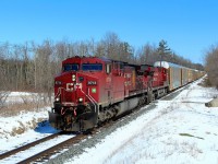On this bright sunny but cold day, we find a former CP Holiday train in CP 9714 leading CP 8782 through Puslinch on its way to Wolverton. I never really noticed the lights until I was viewing my photos at home and noticed a pattern I had not saw before on any engines and found it to be the CP holiday train leader from 2005 and 2006. You never know what you'll find or see out there.